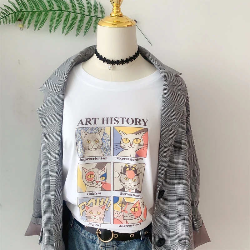 

Dreamchase-JF Art History Cat Funny Printed T Shirt Women Short Sleeve Cotton Fashion O-Neck Printing Tops