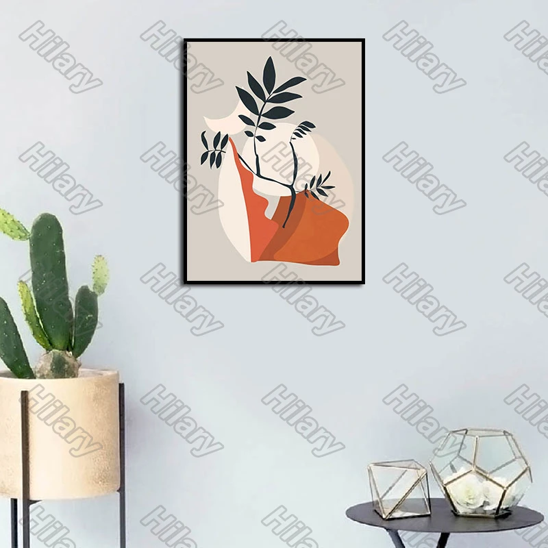 

Poster Retro Branch Moon Green Leaves Orange Canvas Painting Wall Art Nature Home Decoration for Living Room and Bedroom