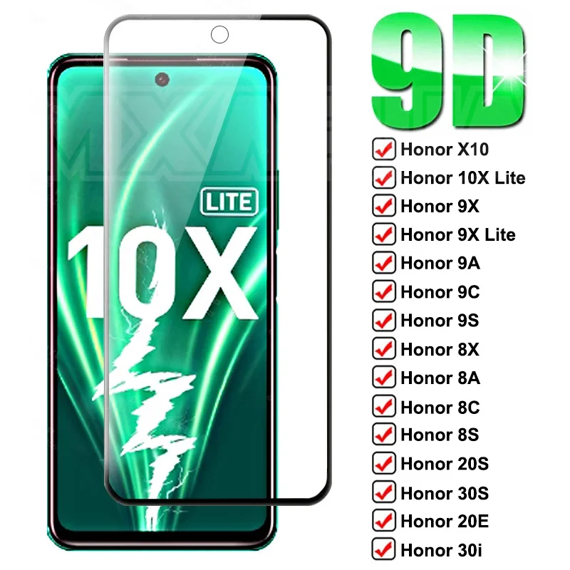 

9D Protective Glass For Honor 10X 9X Lite X10 8X 8A 8C 8S Tempered Screen Protector Honor 9A 9C 9S 20S 30S 20E 30i 20i 10i Glass
