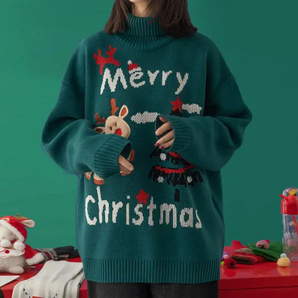 

Turtleneck Christmas Sweater Women Autumn Winter Korean Style Wild Loose Casual Loose Spring Outer Wear Sweater Holiday Costumes