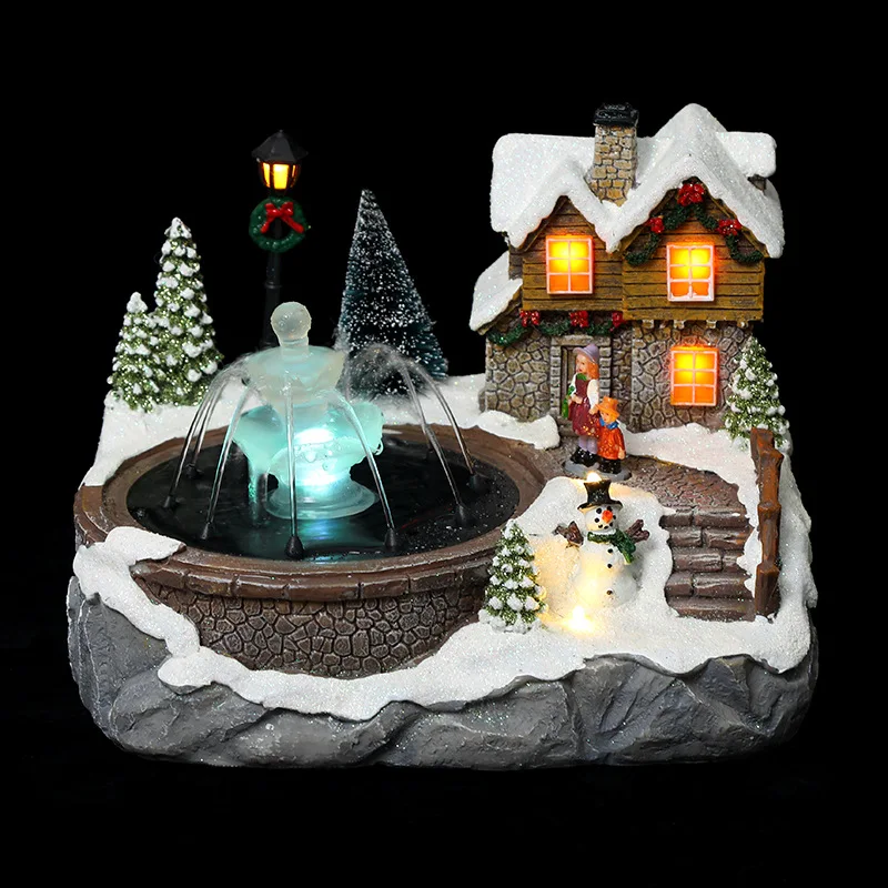 

2021 New Christmas Village Scene Ornament Colorful LED Lighted Resin Snow House Music Water Fountain Animated Statues Figurine