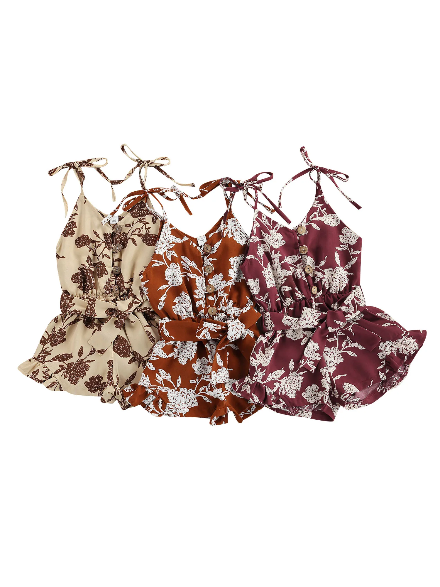 

Детские Цветочный принт Ромпер Для слинга с оборками, без рукавов для маленьких девочек с v-образным вырезом, короткий комбинезон с поясом