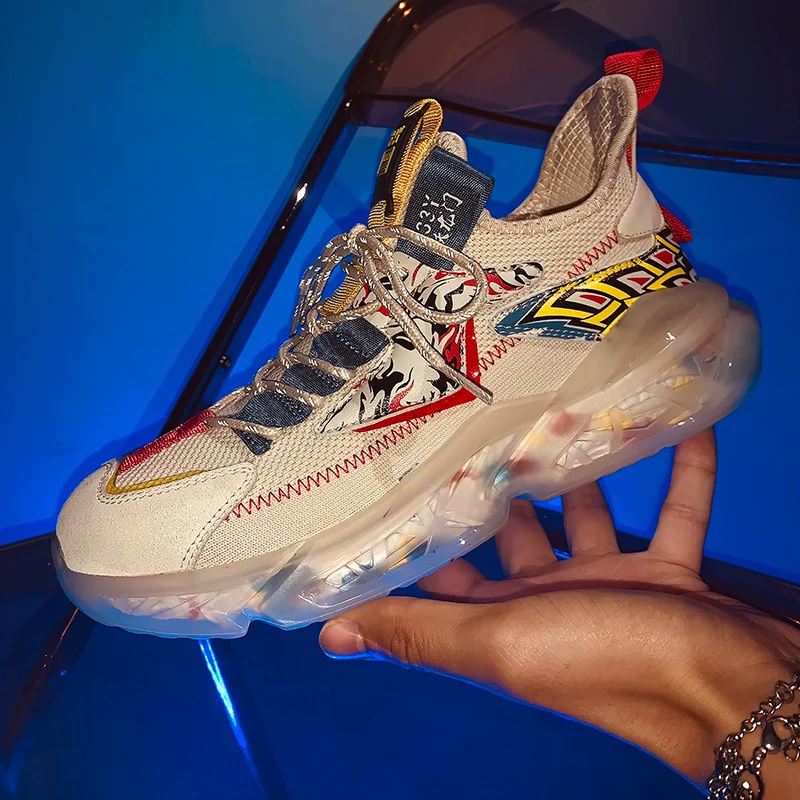 

Trendy Shoes Men Colorful Popcorn Bottom Breathable Walking Platform Casual Sneakers Trainers Luminous Flying Woven Large Size