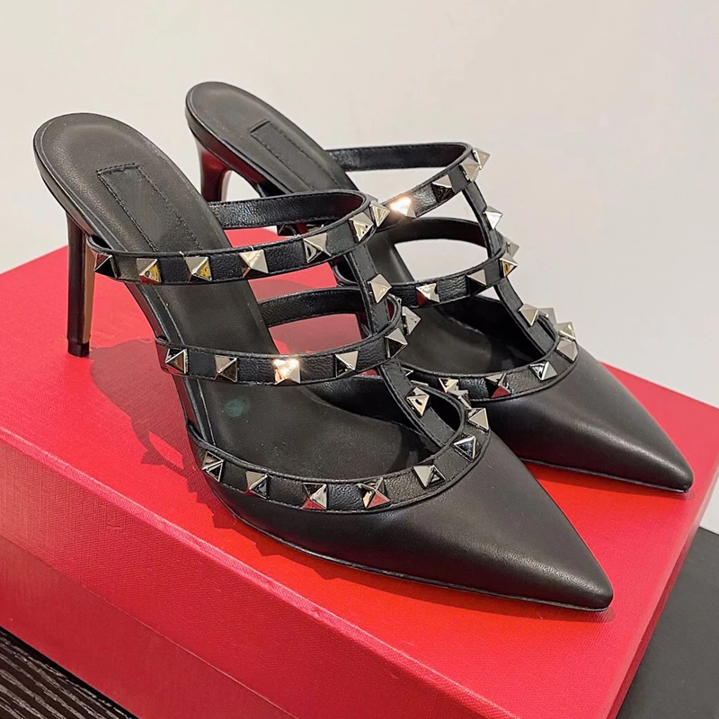 

Multicolor High Heels Sandals Women 2022 Luxury Brand Designer Women Shoe Casual Flat Shoes Rivets Slippers Summer Womens Sandal