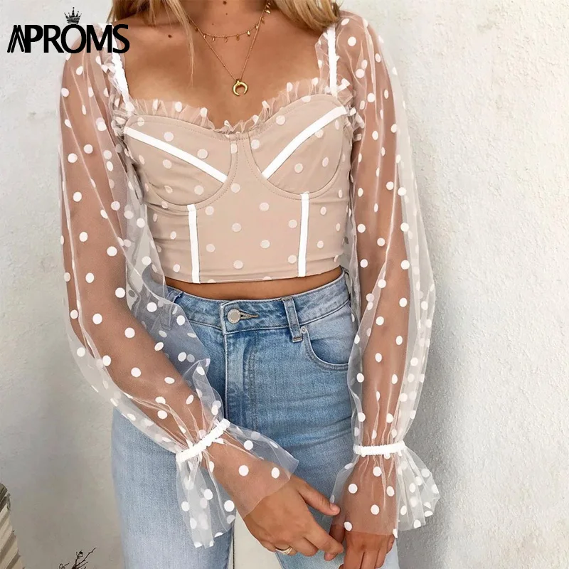 Aproms сексуальные сетчатые топы в горошек для женщин крутой квадратный вырез тонкий облегающий короткий топ Осенняя боковая молния белый черный тройник