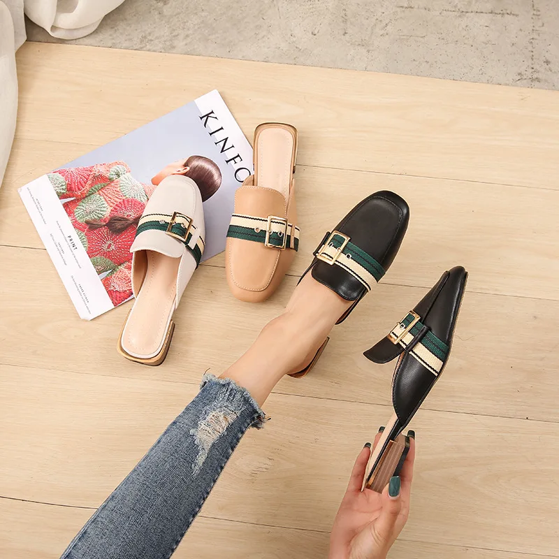 

2021 New Baotou Sandals and Slippers Women Belt Buckle Breathable Lazy Outer Wear Mid-heel Half Slippers