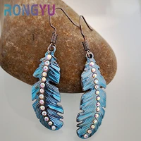 2021 new trend feather pendant earrings for teen girls retro blue zircon women drop earring personalized female ear accessories