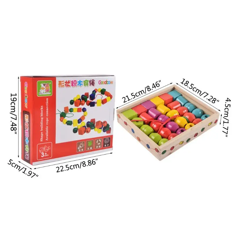 

Geometric Shape Wooden Lacing Beads Kids Montessori Blocks Threading Educational Toy Gift for Children