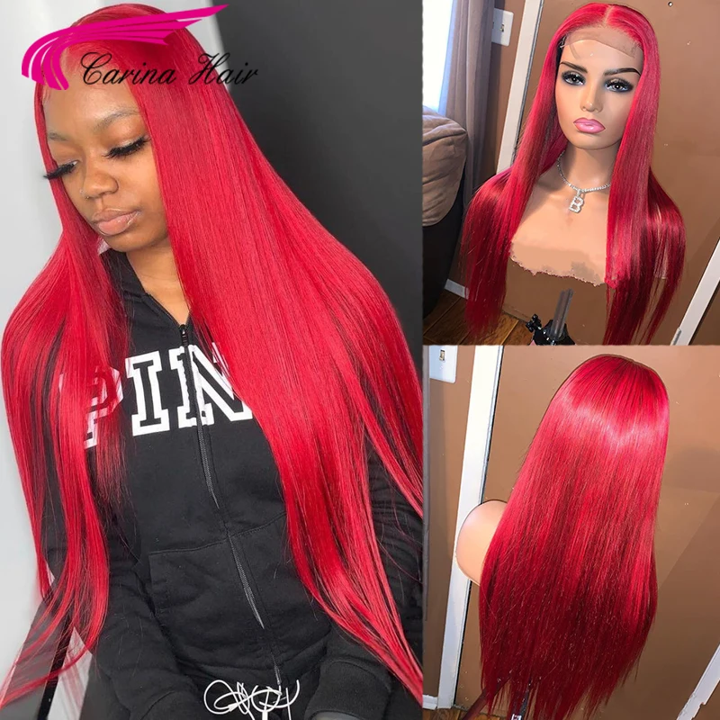 Colored Red Human Hair Wig For Women Preplucked Straight Lace Wig 180% Brazilian Red Remy Lace Front Wigs