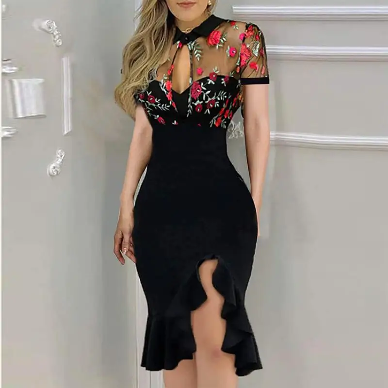 

Spring Fall Women Sexy Elegant Floral Pattern Sheer Mesh Slit Dress Ruffle Hem Cut Out Party Robe Skinny Fashion personality hot