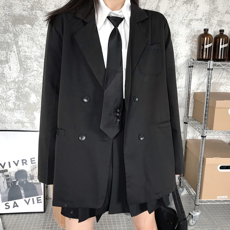

Korean Black Suit Blazers Outerwear Long Sleeve Women Double Breasted Thin Suit Coat 2021 New Casual Office Spring Clothes Women