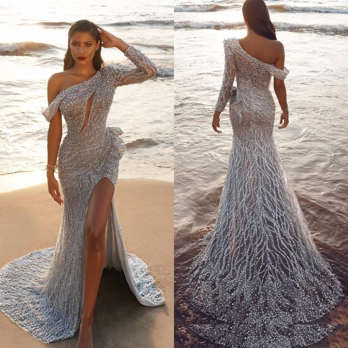 

Luxury Beading Mermaid Evening Dresses One Shoulder Long Sleeves Crystal Prom Gowns Side Split Party Dress For Women