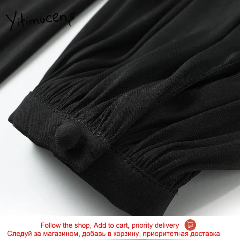 

Yitimuceng Black Solid Dress Women Spring 2021 Sashes V-Neck Puff Sleeve High Waist Long Sleeve Fashion Clothing Office Lady