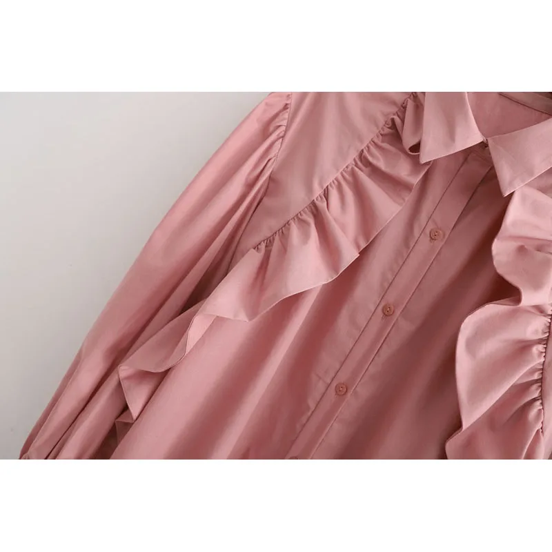 Za 2019 модные блузки для женщин розовый хлопок отложной воротник усаженный поплин