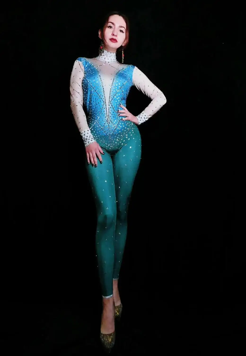 Silver Rhinestones Backless Jumpsuit Birthday Celebrate Rave Outfit Nude Blue Bodysuit Evening Women Singer Dance Outfit
