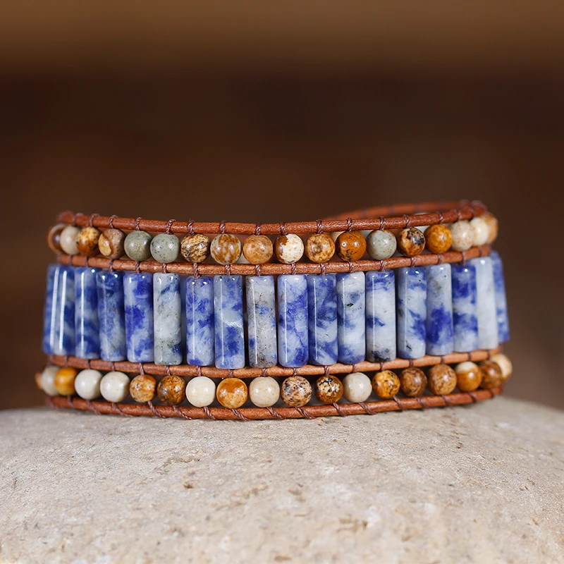 

Handmade cuff Bracelet boho Leather Wrap Bracelets Wholesale Bohemia Weaving Natural stone bracelet charm art jewelry Dropship