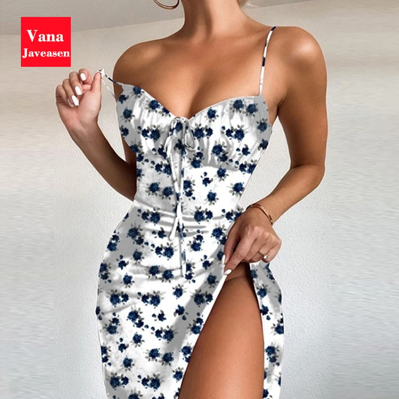

Sexy V Neck Bandage Sleeveless Sling Dress Women Temperament Backless High Slit Printed Dresses Female Midi Party Dress Ladies