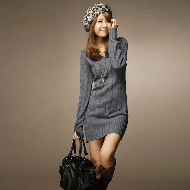Платье-Свитер размера плюс женский зимний теплый толстый свитер грубое
