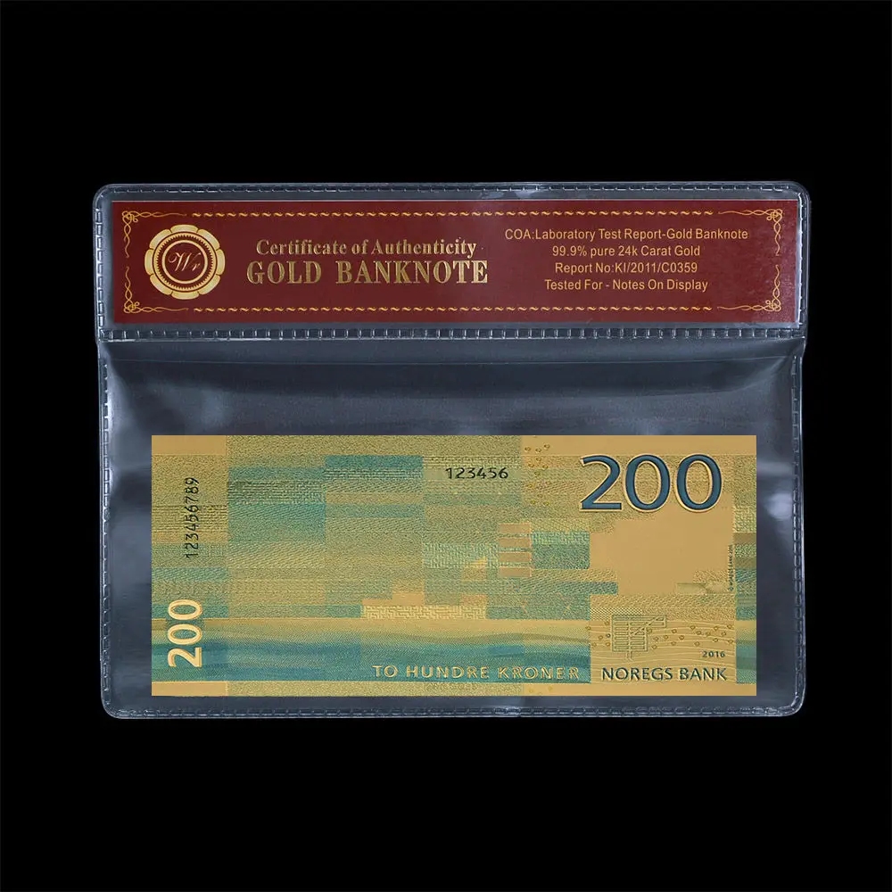

WR Norway 200 Kroner 2017 New Gold Banknotes New Year Gifts Colored Gold Foil Norwegian Bill with COA Frame for Collection