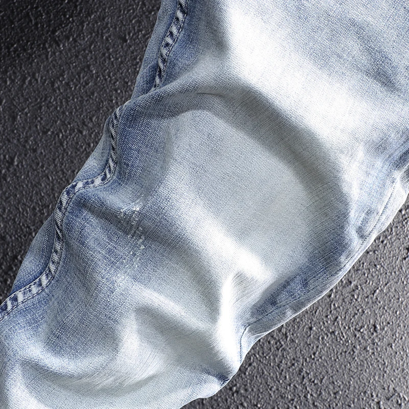 Italian Style Fashion Men Jeans Retro Light Blue Elastic Slim Fit Ripped Jeans Men Vintage Designer Casual Denim Pencil Pants