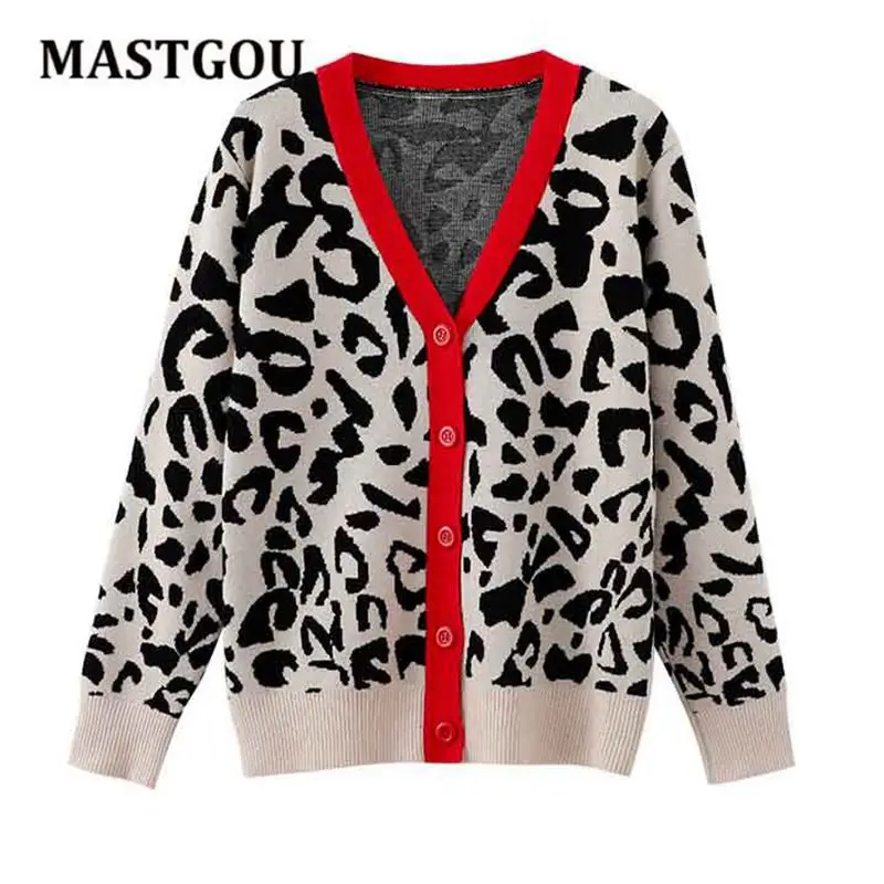 

MASTGOU Leopard Knit Women Cardigan Sweater Retro Style V Neck Single Breasted Female Jumper Autumn Winter Ladies Jacket Coat