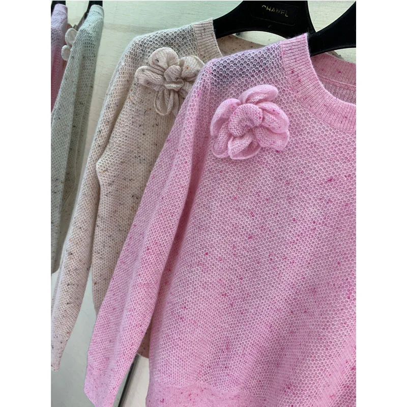 Коко свободный свитер трехмерный цветок круглый вырез вязаный с длинными