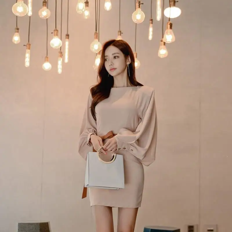 2019 осеннее женское однотонное мини-платье с круглым вырезом офисное платье
