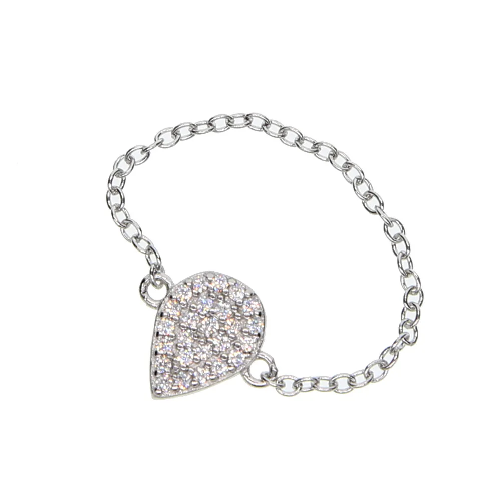 

925 sterling silver micro pave cz tear drop charm simple chain bands cute girl finger ring mini rings