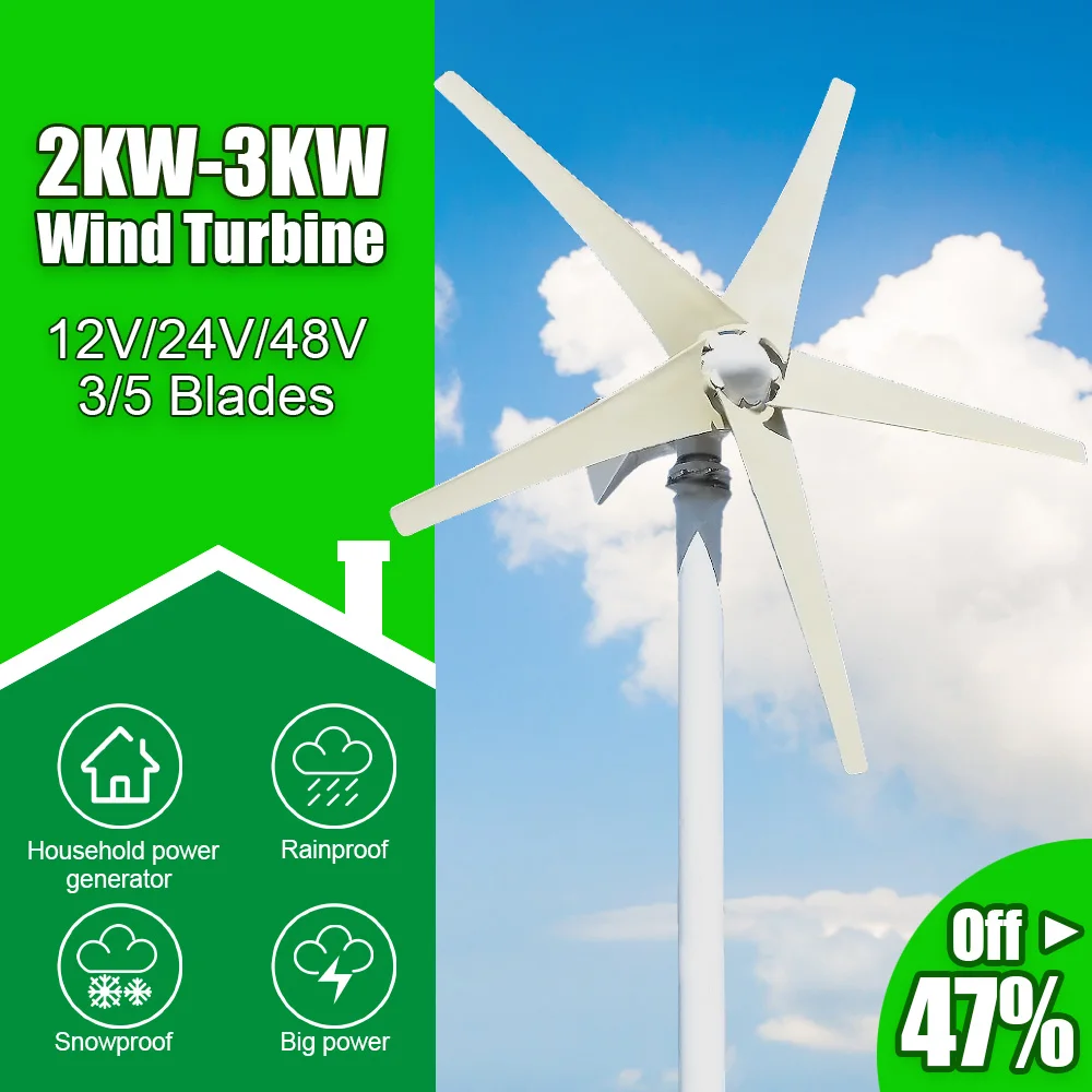 Molino de viento de 2000W, 3000W, 3/5 cuchillas, 12V, 24V, 48V, turbina eólica pequeña, controlador MPPT para uso doméstico