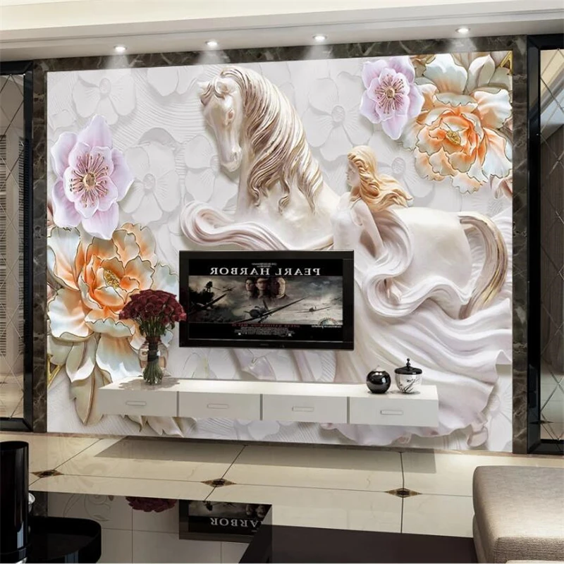 wellyu Customized large murals 3D flower day horse beauty embossed living room background TV wallpaper | Обустройство дома