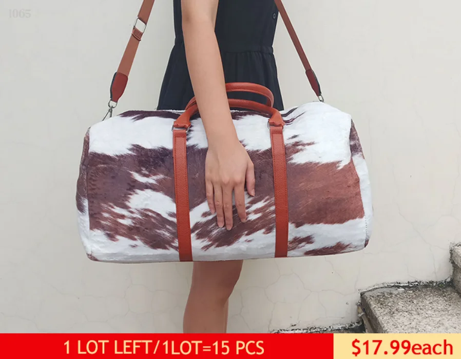 

DOMIL RTS Lot Sale Cow Print Faux Suede Travel Duffle Weekender Overnight Shopping Beach Tote Bag