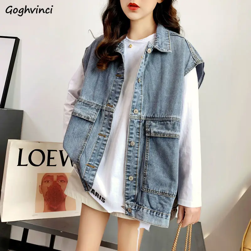 

Жилет женский джинсовый, однотонный Тонкий Универсальный винтажный однобортный Свободный жилет из денима, модная уличная одежда для отдых...