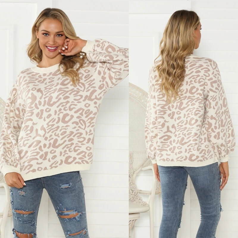 

Women Winter Autumn Crew Neck Knitted Sweater Casual Long Sleeve Leopard Print Pullover Tunic Tops Outwear