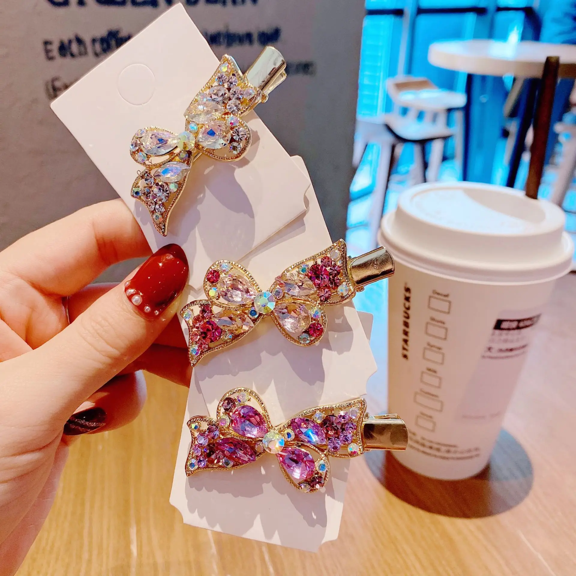 

Ins rhinestones bowknot crystal diamond hairpin girls flowing ribbons head duck mouth edge clip to the side clip