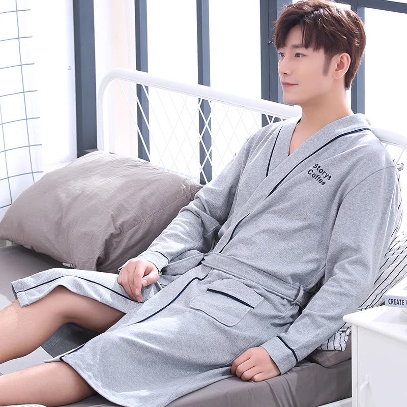 

2020 Autumn Winter 100% Cotton Robe For Men Long Sleeve Bathrobe Male Comfortable Casual Sleepwear Lounge Homewear Home Clothing