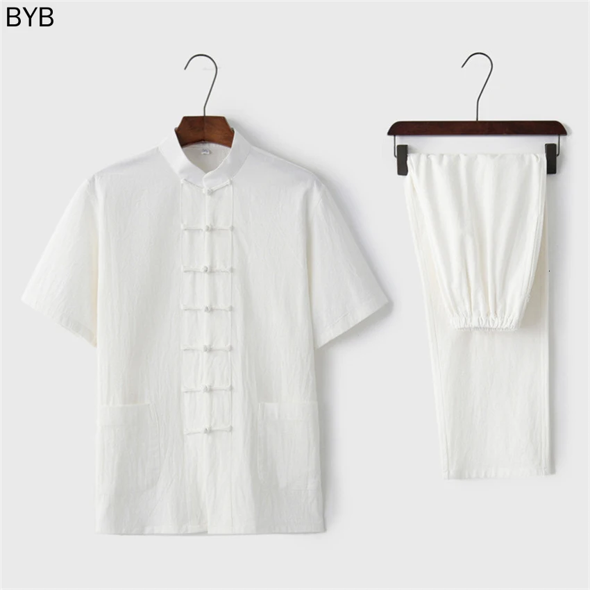Китайский традиционный комплект одежды мужская летняя льняная рубашка с пряжкой
