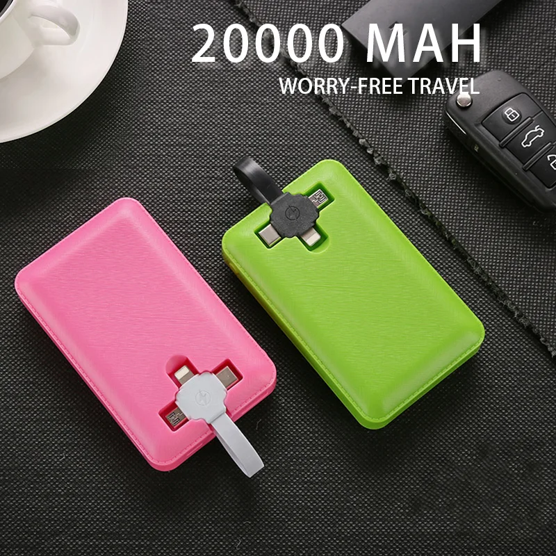 Портативное зарядное устройство Power Bank 20000 мАч USB Mini Powerbank Встроенный кабель