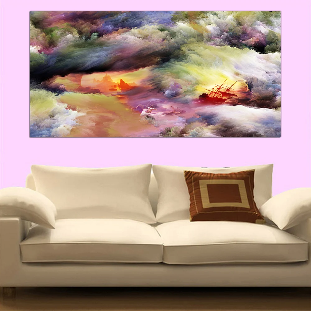 

Abstract Cloud Boat Painting Modern Wall Art Print On Wave Picture Artwork on Canvas for Office Decorations