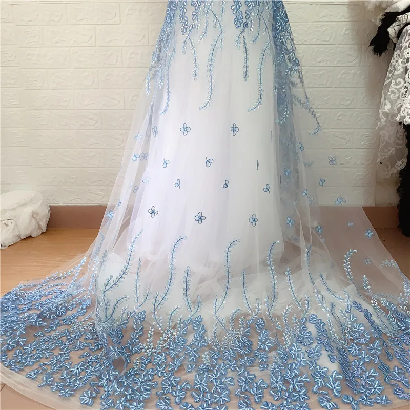 Синий сетчатый блесток вышитый французский тюль гипюр свадебное платье