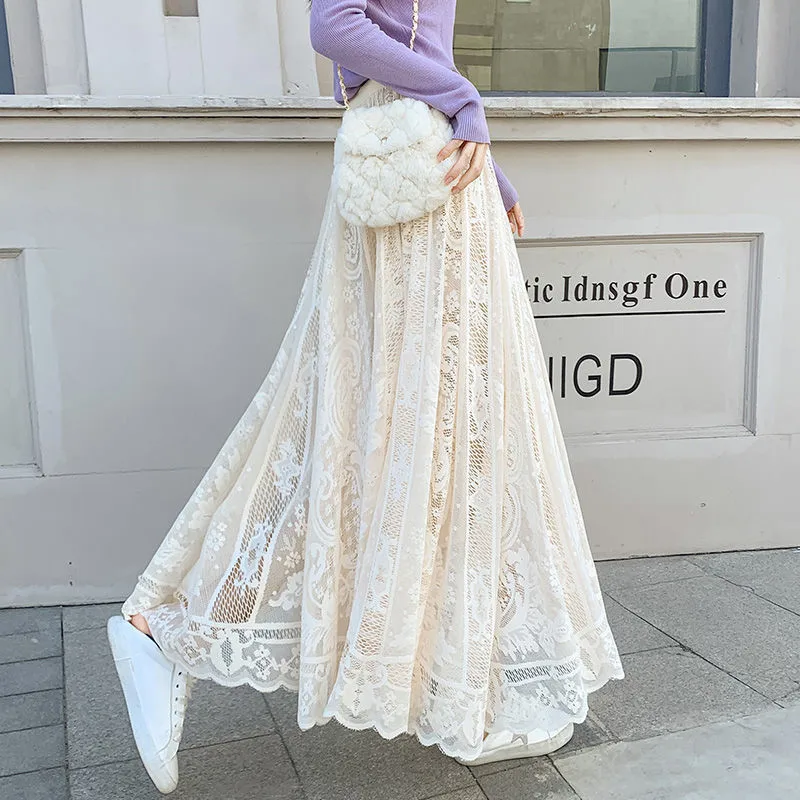 

Women Skirt A-Line High Waist White Black Purple Lace Elegant Long Skirt Evening Night Pleated Skirt mujer faldas