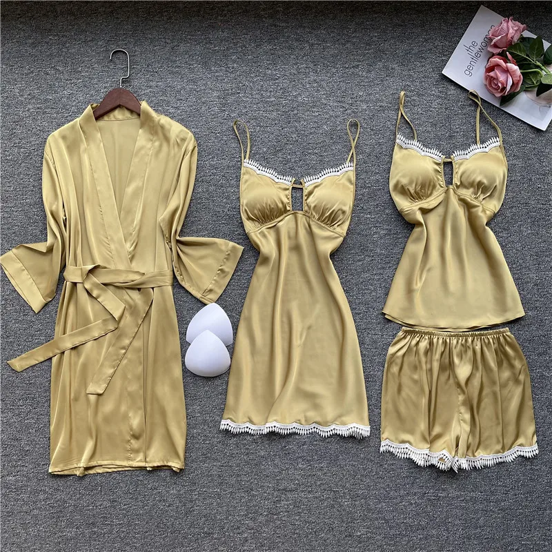 

Novelty Women Pajamas Set Satin 4PCS Sleepwear Sexy Lace Kimono Gown Soft Silky Pyjamas Suit Loose Sleep Set Home Dressing Gown