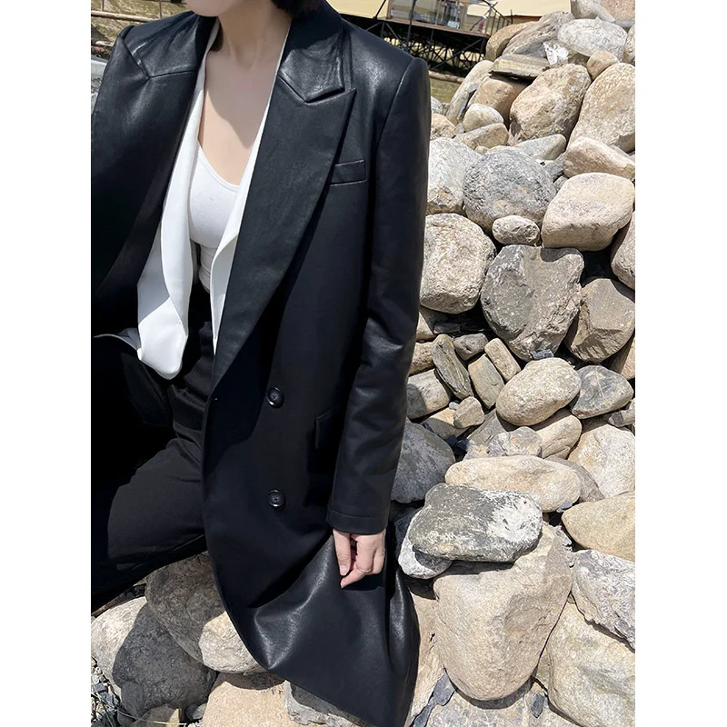 

Thirteen lines 2021 autumn new Korean oversize goddess model medium and long temperament leather coat women
