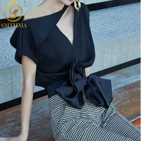 2021 new fashion runway women summer formal suits black bow short sleeve blouse high waist houndstooth two piece skirt set