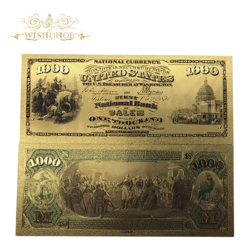 

Цветная Золотая банкнота 999 из золотой фольги, американская банкнота 1875 года, 1000 долларов США, новый уникальный для домашнего декора и делов...
