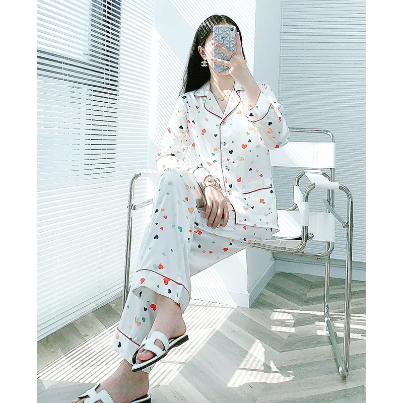 

White Print Sweetheart 2PCS Satin Pajamas Set Sexy Turn-down Collar Pyjamas Sleepwear Sleep Suit Sleep Wear Spring Home Clothes
