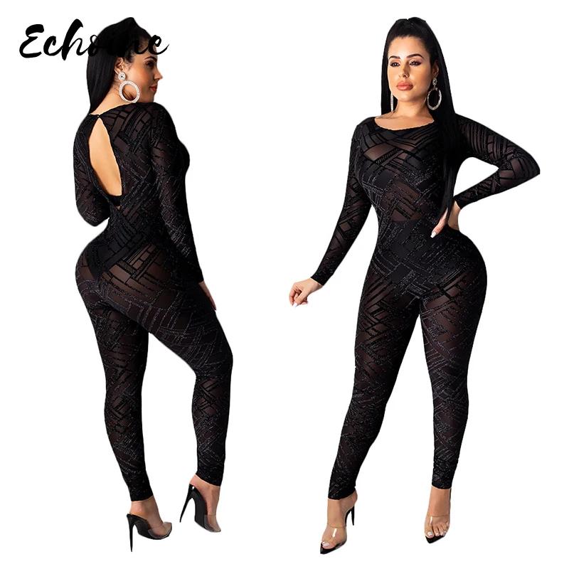 

Womens Black Skinny Jumpsuit Long Sleeve Skinny Solid Mesh Open Back Hollow Out See Through Slim Overalls Combinaison Femme XXL