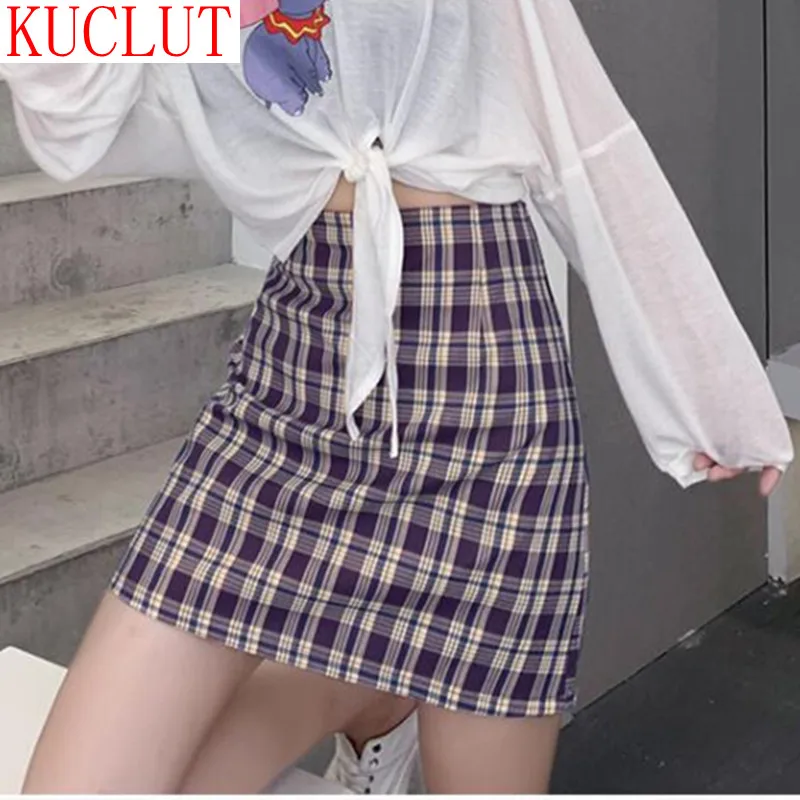 Женская винтажная короткая юбка в клетку черная эластичная уличная одежда стиле
