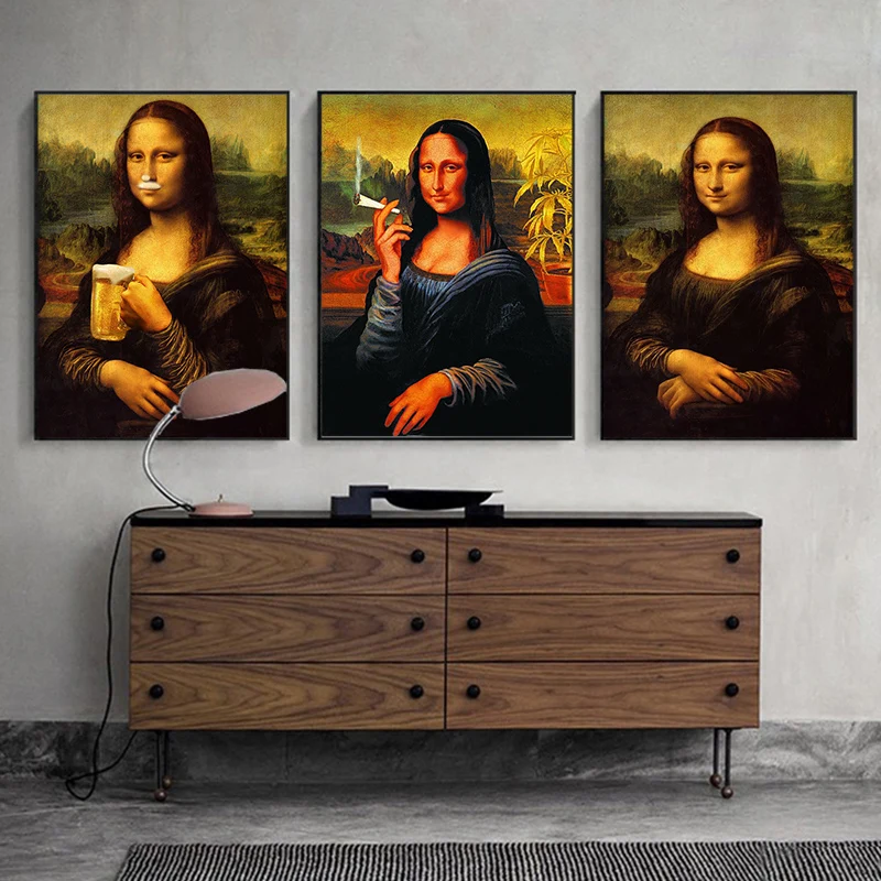 

Funny Art Mona Lisa Drink and Smoking Canvas Posters Wall Art Pictures Da Vinci Famous Paintings on The Wall for Home Decor