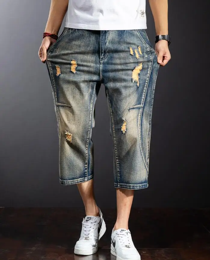 Mens Baggy Denim Shorts Fashion Streetwear Hip Hop Skateboard Cargo Hole Jeans Male Calf-Length Pants