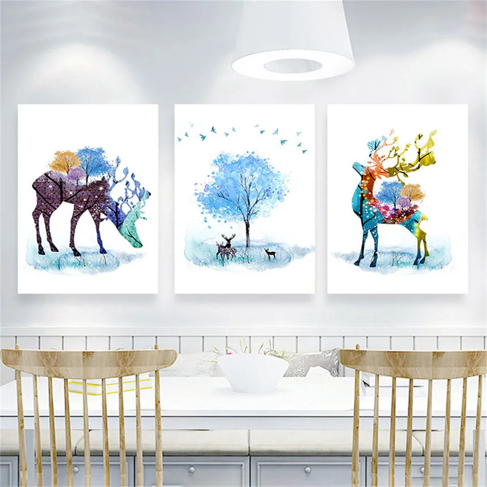 Картина маслом акварельные олени и дерево стены Мульти сочетание холст картины
